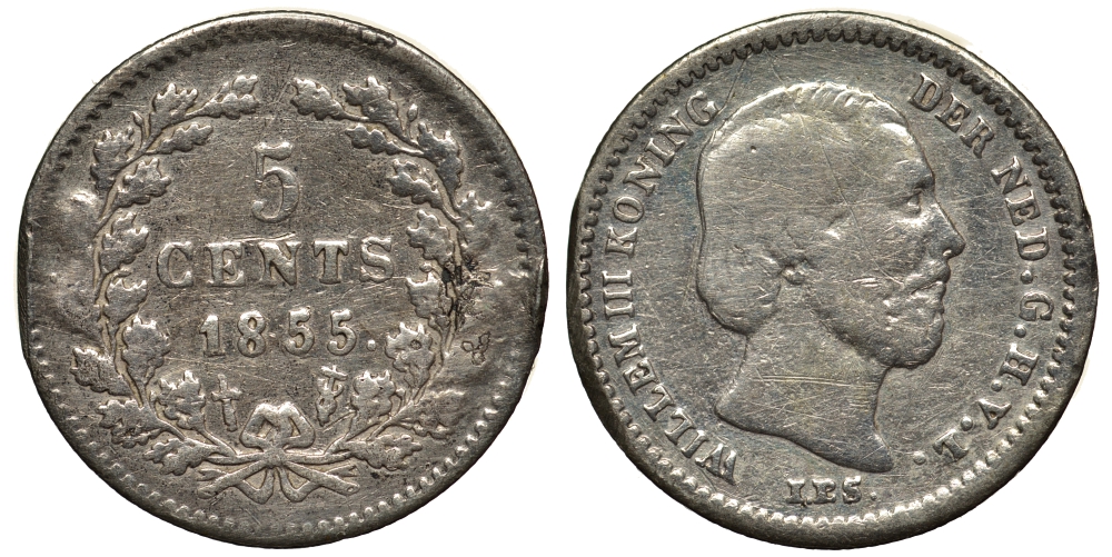 Нидерланды 5 центов 1855 Виллем III (1849-1890) KM 91 серебро 443-611