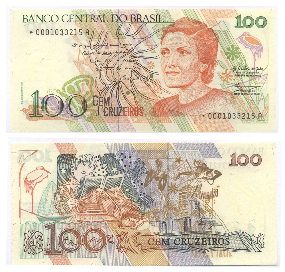 БРАЗИЛИЯ 100 КРУЗЕЙРО 1990 ПОДПИСЬ 28, ЗАМЕЩЕННАЯ СЕРИЯ Pick 226 бумага UNC (ПРЕСС) 8595-35-2-2