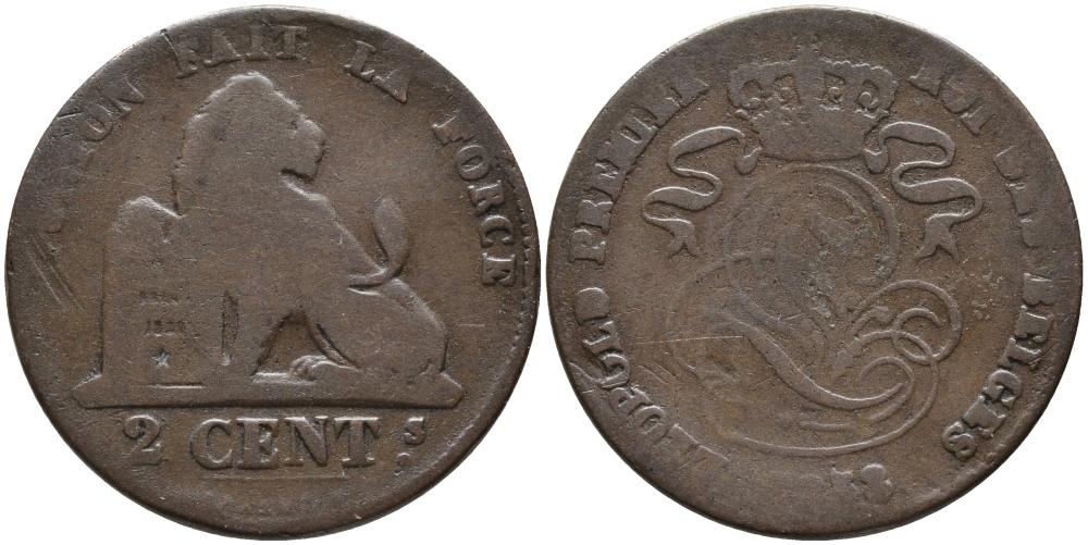 БЕЛЬГИЯ 2 САНТИМА 1858 BELGES KM 4.2 медь 95-644