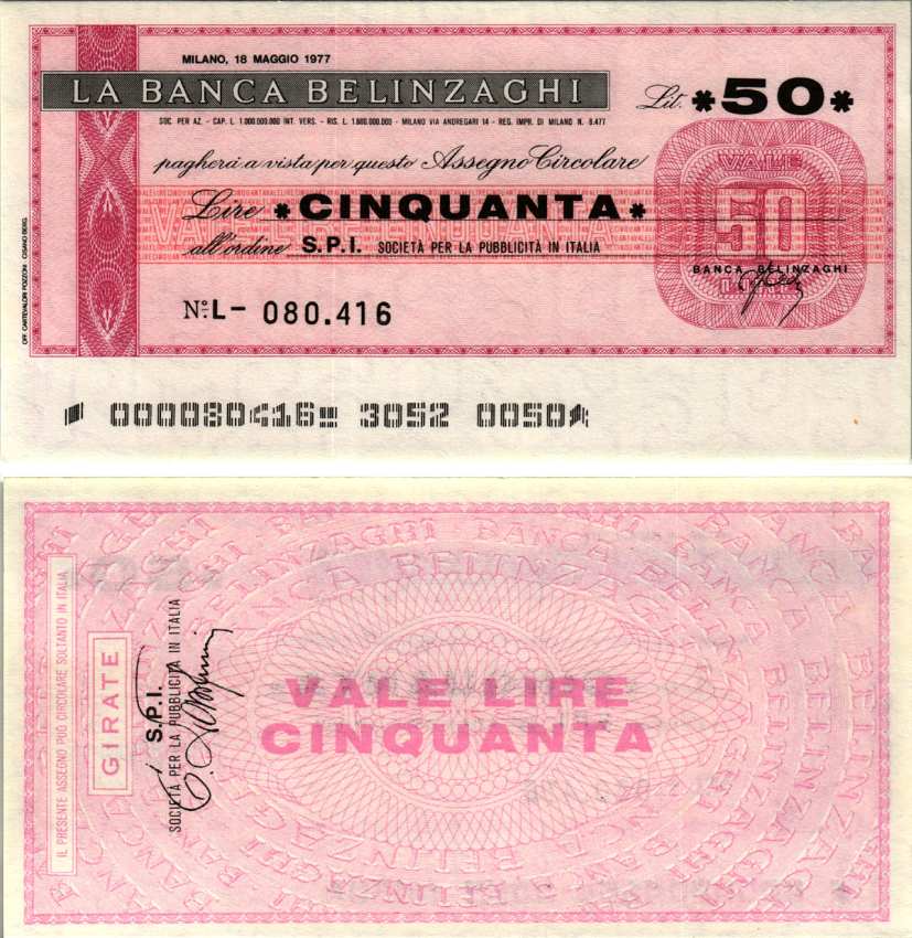 Италия 50 лир 1977 18 мая 1977 La Banca belinzaghi, Milano бумага UNC (пресс) 7220-64-3-2