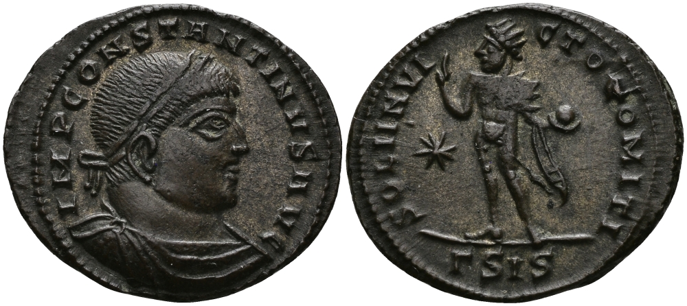 Римская Империя нуммий 317 Константин I Великий SOLI INVICTO COMITI Сисция Extremely fine (степень редкости R2) RIC 33 бронза, серебрение 00-00
