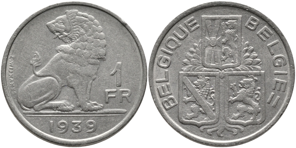 Бельгия 1 франк 1939 Леопольд III (1934-1950), Belgique-Belgie, лев KM 119 никель 83-1054