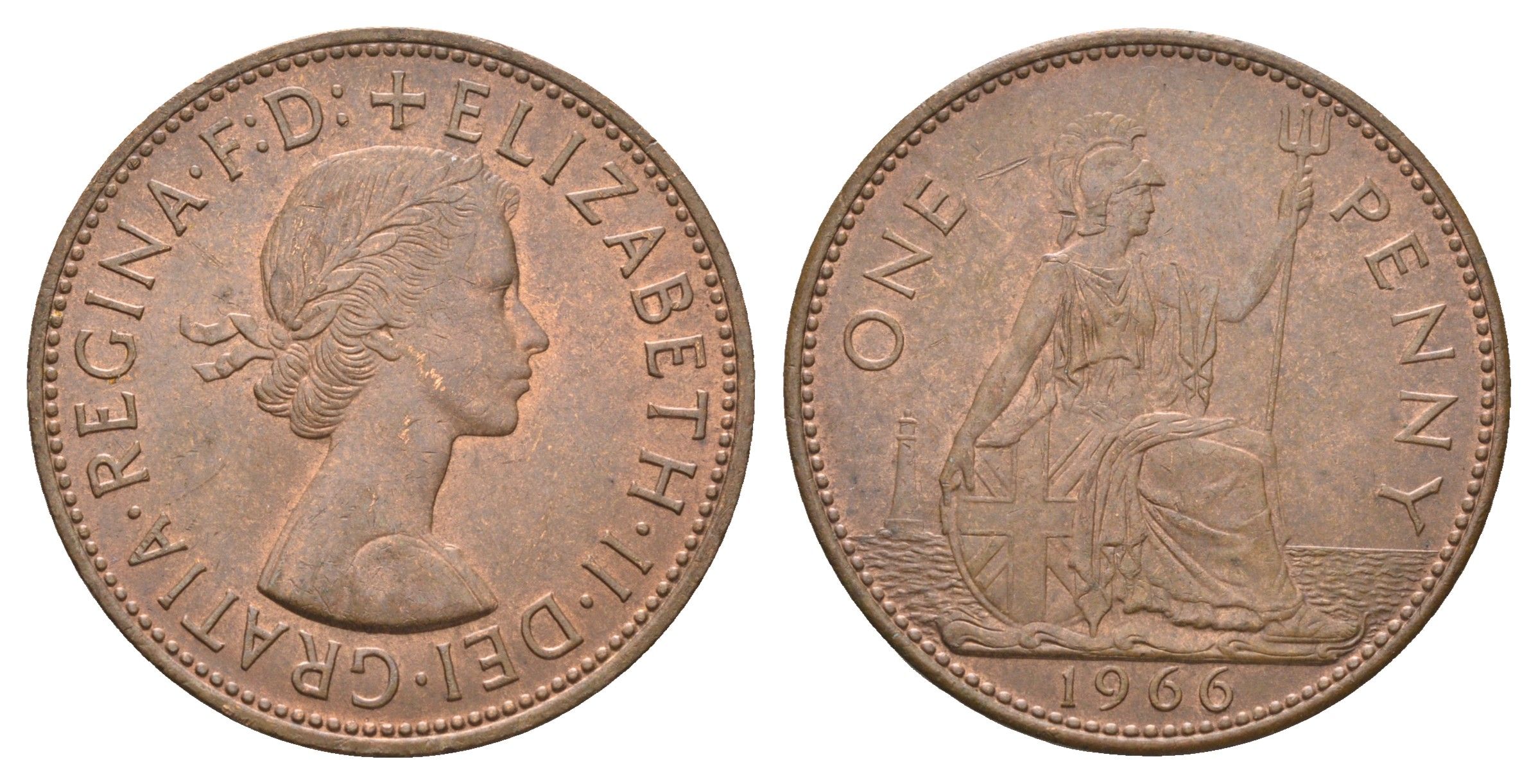 Великобритания 1 пенни 1966 Елизавета II (1952-2022) KM 897, Spink 4157 бронза 4661-935