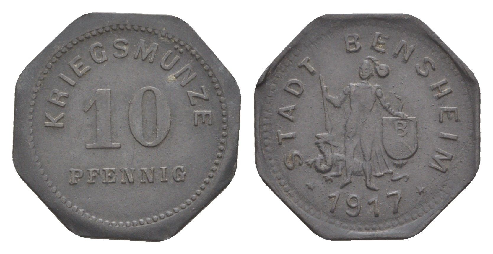 Бенсхайм 10 пфеннигов 1917 Funck 34.3, Men05 1739.4, Men18 2245.4 цинк 4643-959