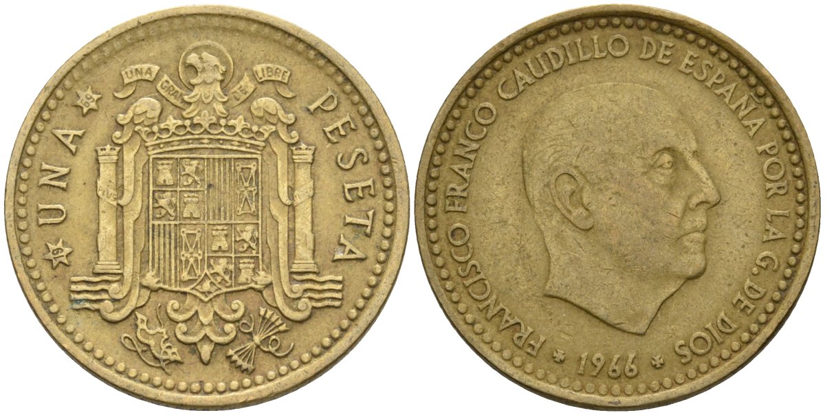 Испания 1 песета 1966 (69) Франсиско Франко (1939-1975) KM 796 алюминиевая бронза 4604-351