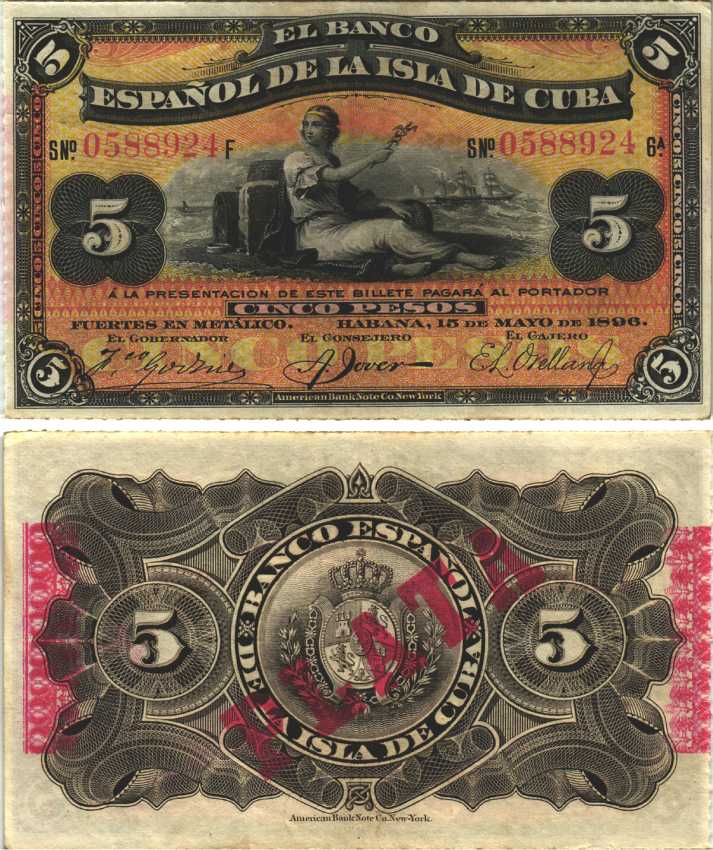 Куба 5 песо 1896 Испанская Администрация, красная надпечатка PLATA Pick 48b бумага аUNC 451-458-2