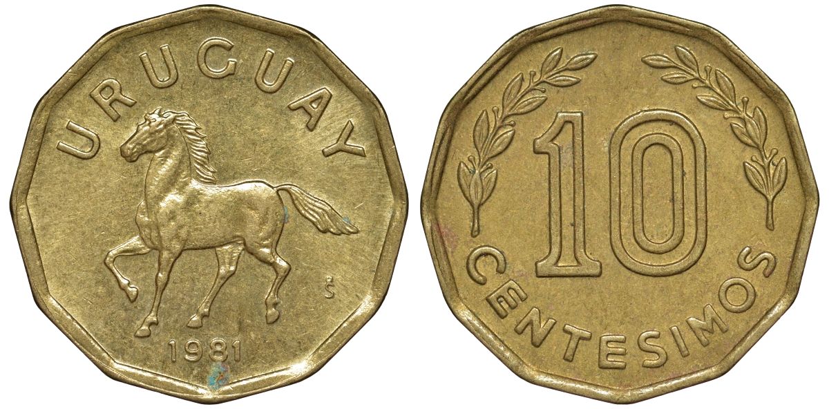 Уругвай 10 сентесимо 1981 KM 66 алюминиевая бронза 4169-535