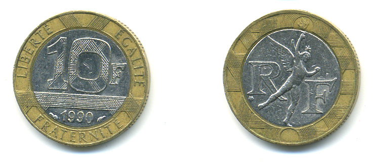Франция 10 франков 1990 тип Гений Бастилии KM 964.1, Le Frank 375.5 биметалл 176-1217