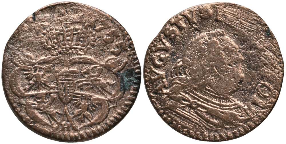 Польша 3 сольди (1 грош) 1755 H, Август III (1733-1763) KM 147.2 медь 116-843