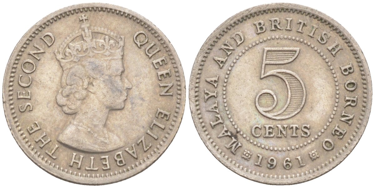 Малайя и Британское Борнео 5 центов 1961 Елизавета II (1952-2022) KM 1 медно-никель 187-319