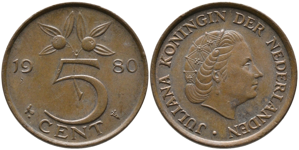 Нидерланды 5 центов 1980 Юлиана (1948-1980) KM 181 бронза 65-1237