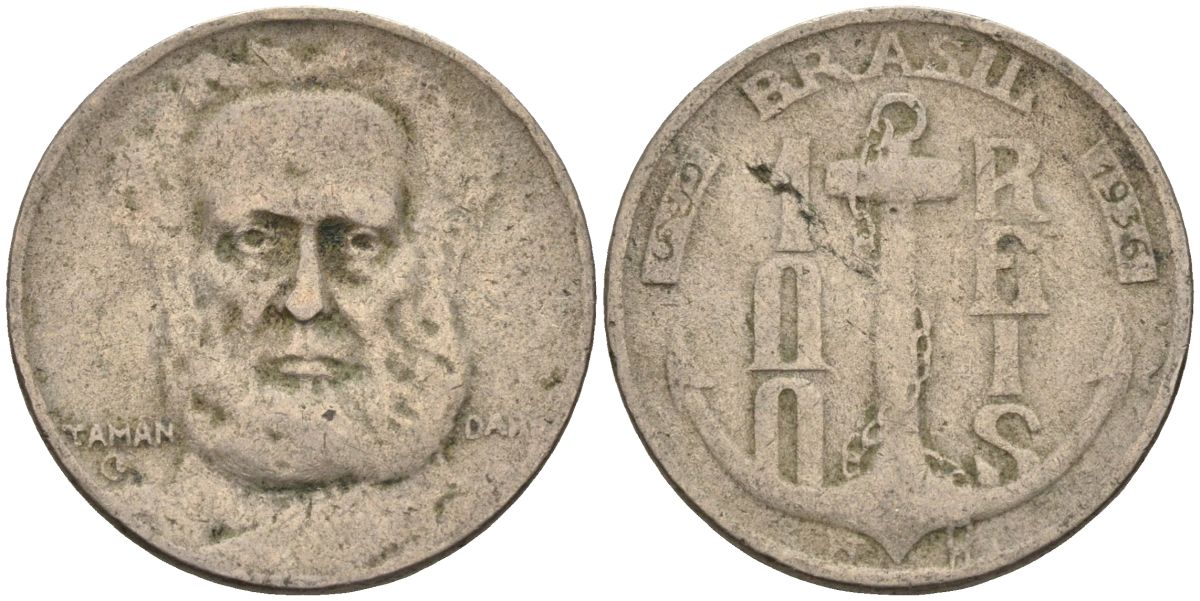 Бразилия 100 рейс 1936 Маркиз Тамандаре KM 536 медно-никель 4115-469