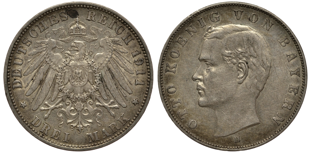 Бавария 3 марки 1911 Отто (1886-1913) Weege 45, J. 47, KM 515 серебро 3711-2034