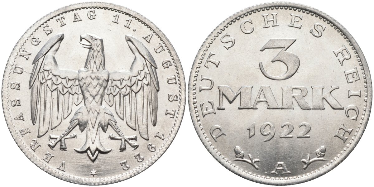 Германия 3 марки 1922 A, третья годовщина Веймарской Конституции KM 29, J.303 алюминий UNC 4587-131