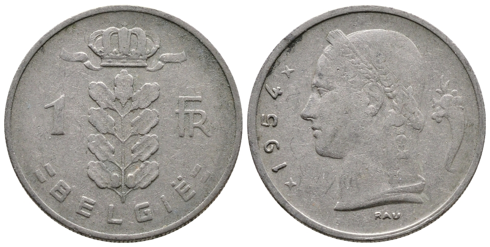 БЕЛЬГИЯ 1 ФРАНК 1954 BELGIE KM 143.1 медно-никель 4382-1014