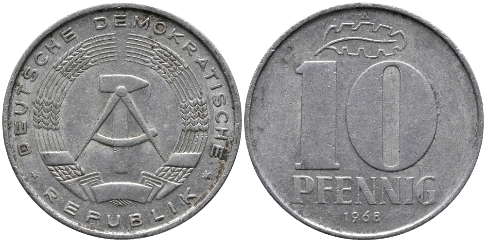 ГДР 10 пфеннигов 1968 А KM 10 алюминий 33-324