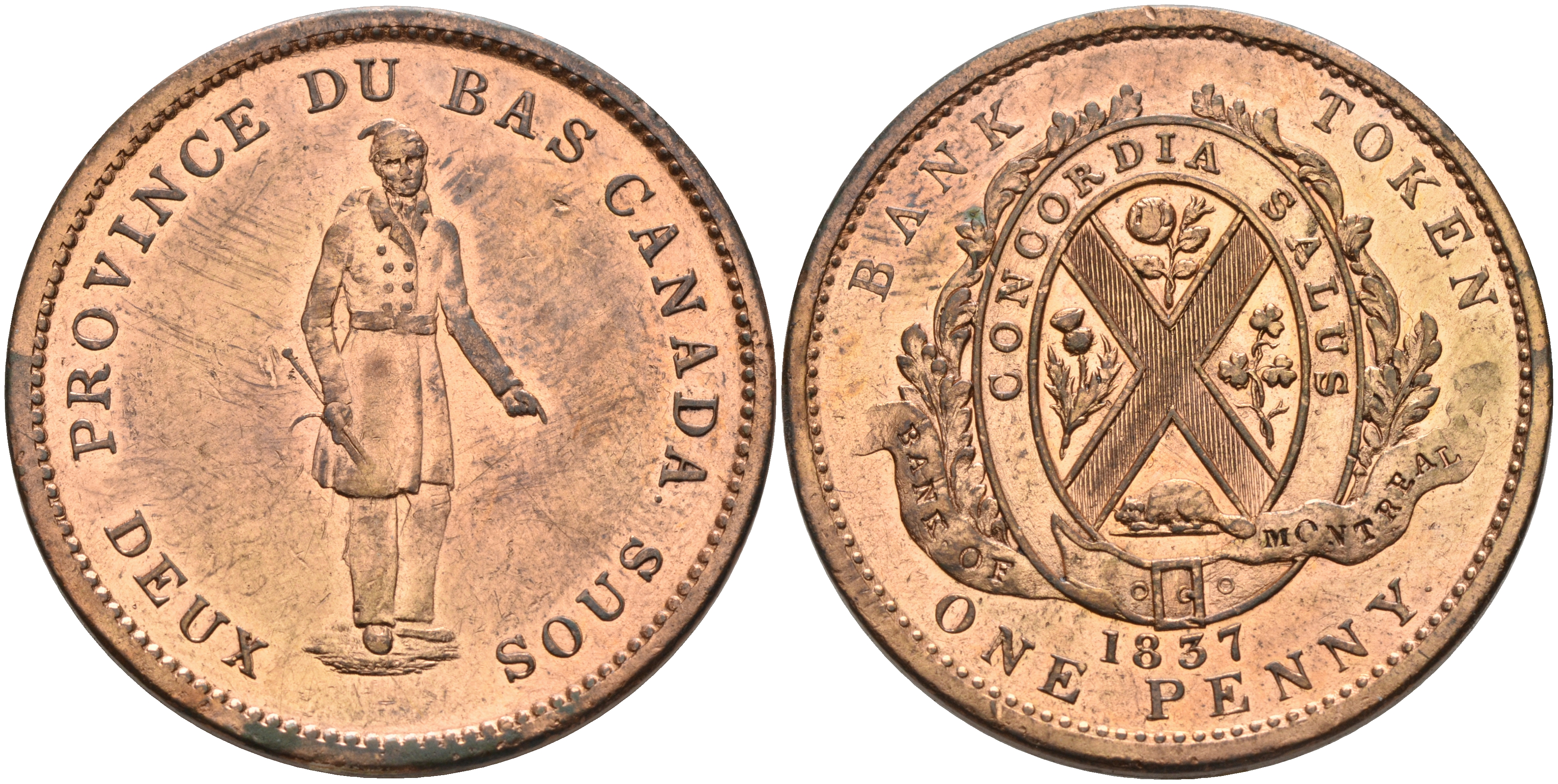 Канада, Квебек 1 пенни 1837 Du Bus Canada KM TN10 медь    1531-942