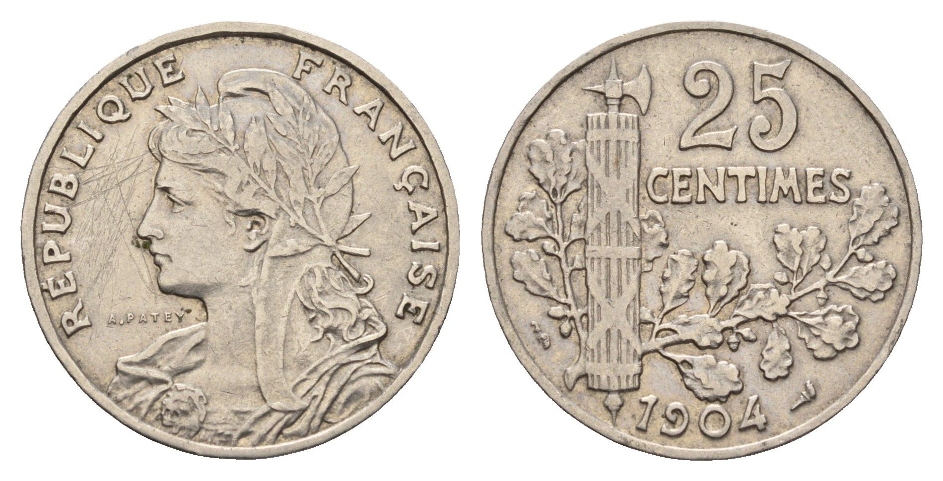 Франция 25 сантимов 1904 KM 856 никель 3856-256