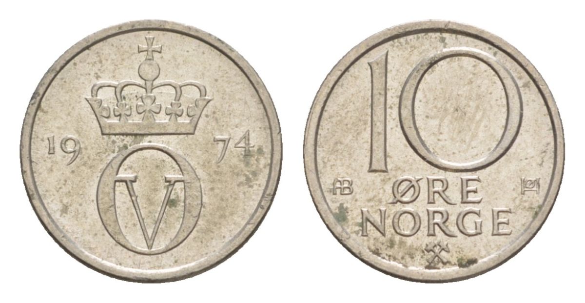 Норвегия 10 эре 1974 Улаф V (1957-1991) KM 416 медно-никель 4632-1158