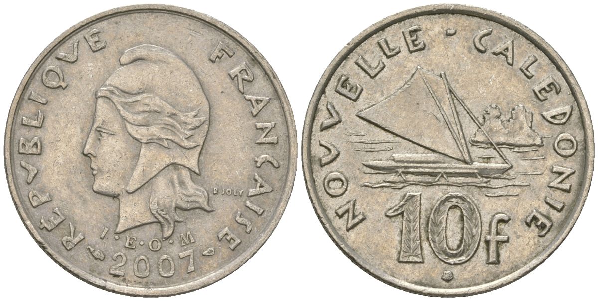Французская Новая Каледония 10 франков 2007 рыбачья парусная лодка, (IEOM) KM 11a, Schoen 13a, Lec 99k медно-никель 56-1431