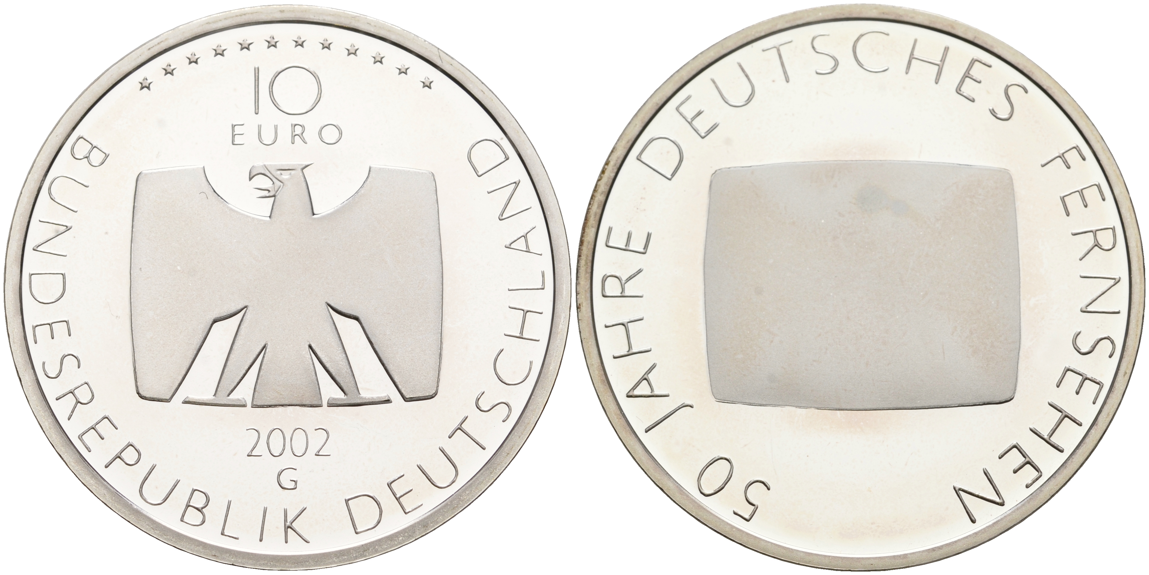 ФРГ 10 евро 2002 G, 50 лет немецкому телевидению KM 219, DE. S. 10.5 серебро PROOF 1076-3-11