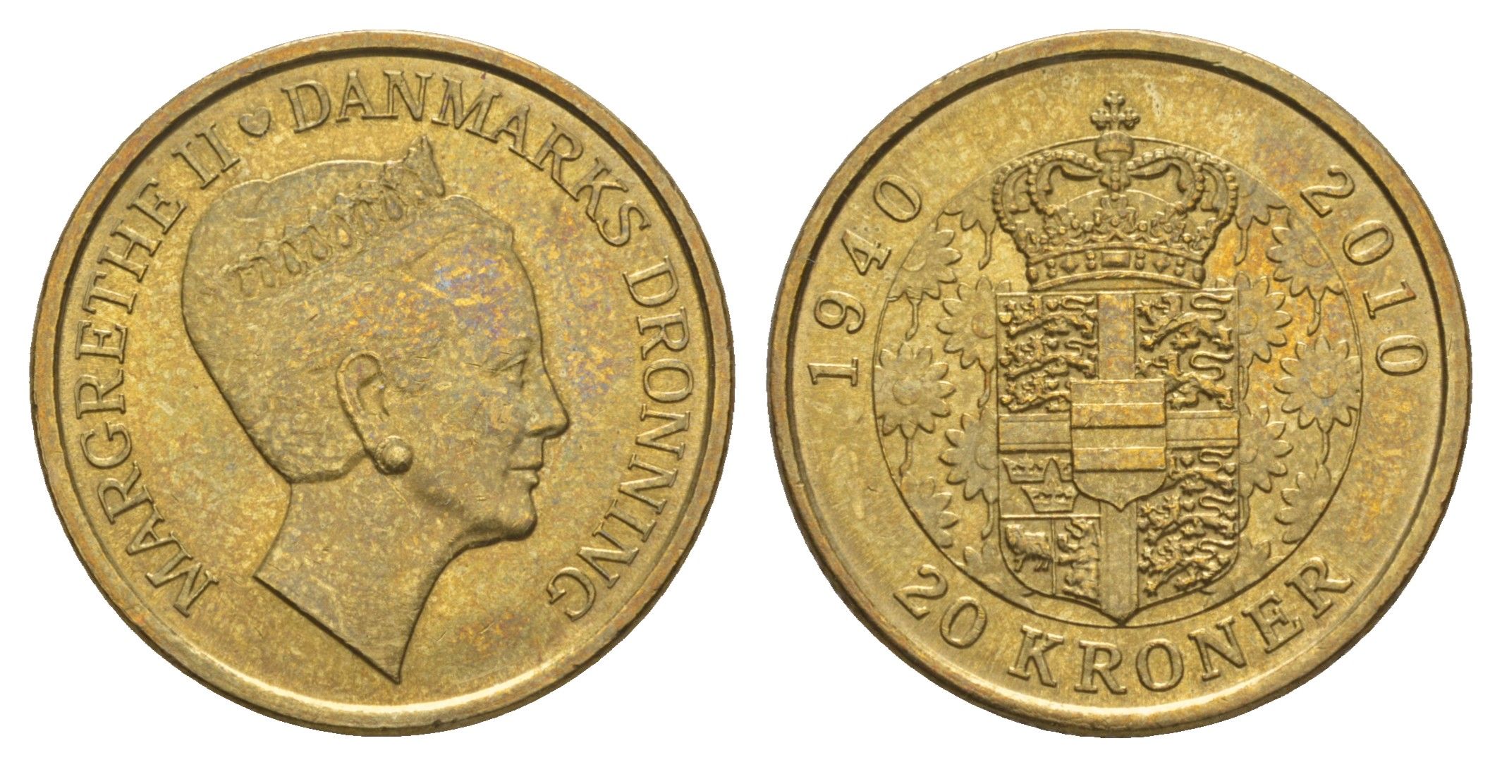 Дания 20 крон 2010 70 лет со дня рождения королевы Маргрете II KM 937 алюминиевая бронза UNC 4650-445