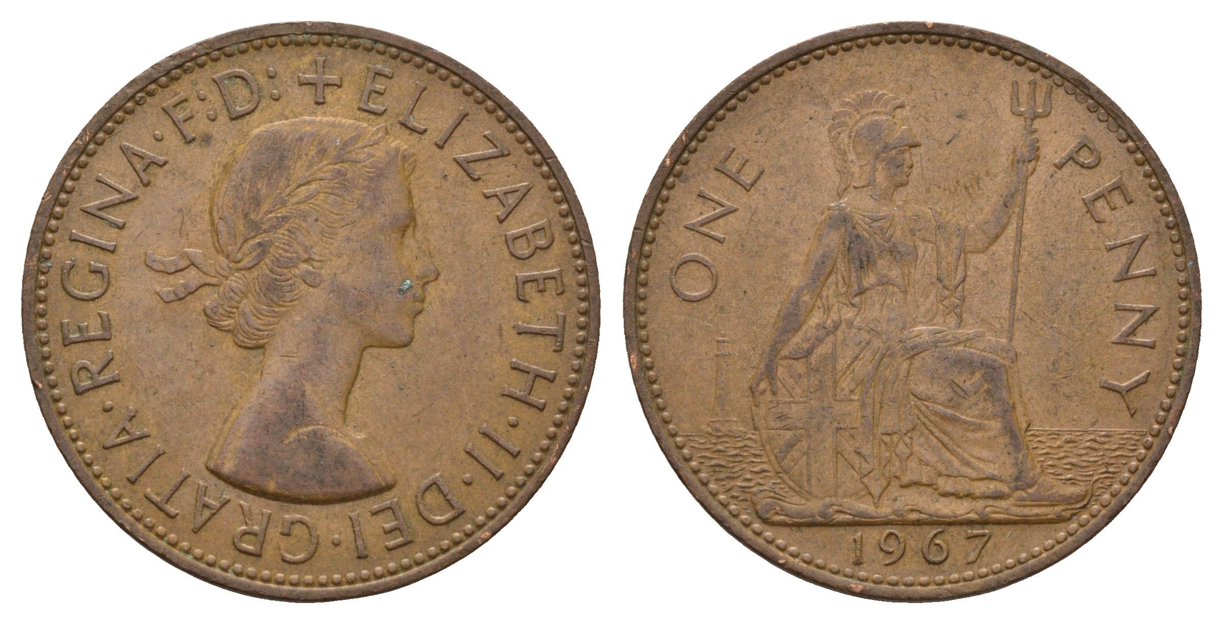 Великобритания 1 пенни 1967 Елизавета II (1952-2022) KM 897, Spink 4157 бронза 221-1033