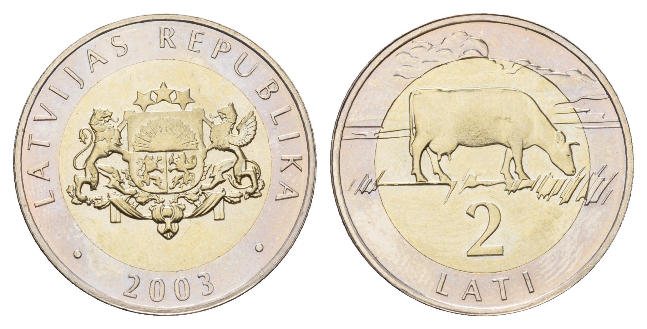 Латвия 2 лата 2003 корова KM 38 биметалл BU 4678-334