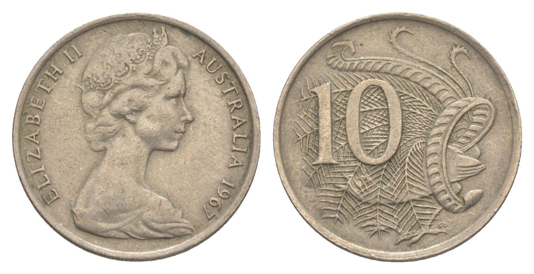 Австралия 10 центов 1967 Елизавета II (1952-2022), птица лирахвост KM 65 медно-никель 4364-3525