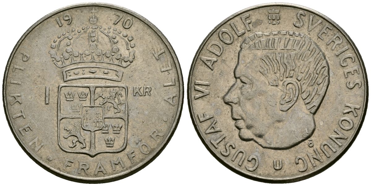 Швеция 1 крона 1970 Густав VI Адольф (1950-1973) KM 826a медь плакированная медно-никелем 4177-1025