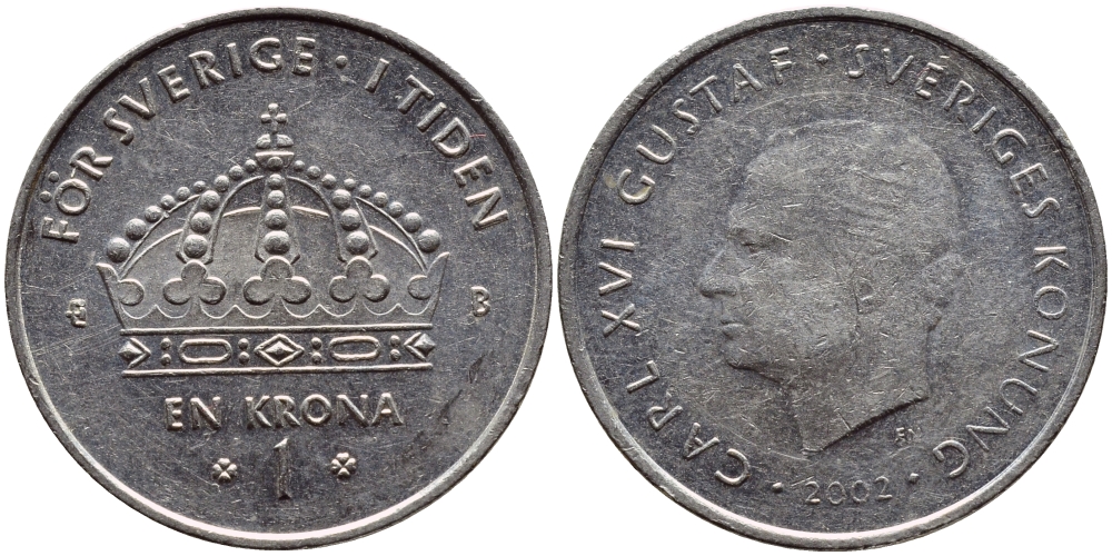 Швеция 1 крона 2002 Карл XVI Густав (1973- ) KM 894 медно-никель 4110-935