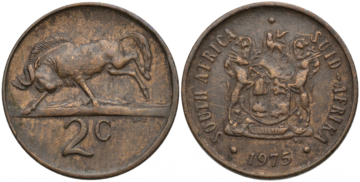 ЮАР 2 цента 1975 герб, антилопа гну KM 83 бронза 51-1957