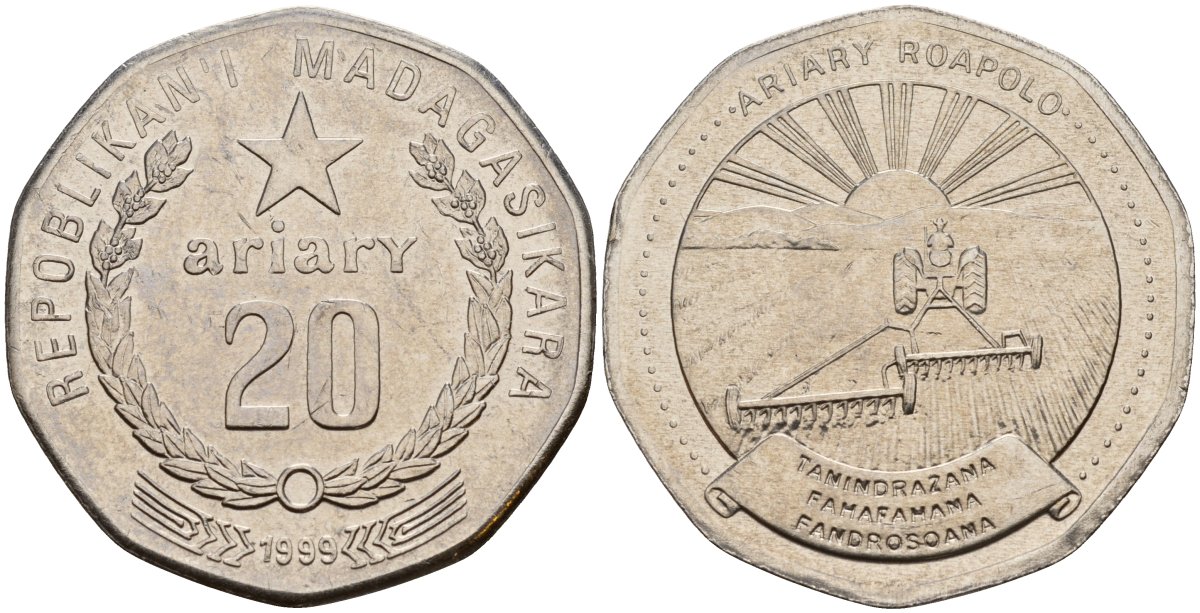 Мадагаскар 20 ариари 1999 KM 24.2 сталь плакированная никелем 4140-642