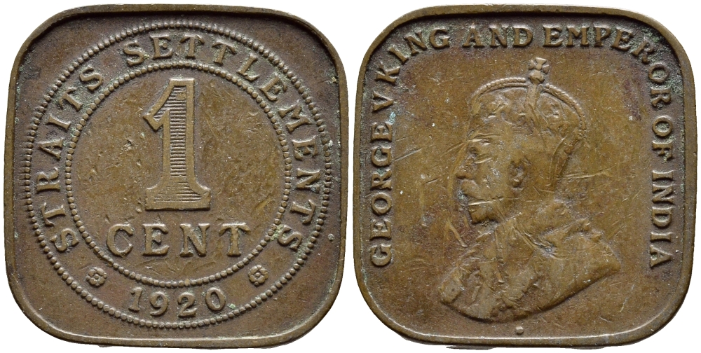 Стрейтс-Сетлментс 1 цент 1920 Георг V (1910-1936) KM 32 бронза 4393-1221