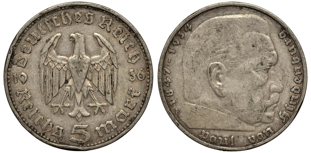 Германия 5 рейхсмарок 1936 F, Пауль фон Гинденбург (1847-1934) KM 86, J. 360 серебро 413-1832