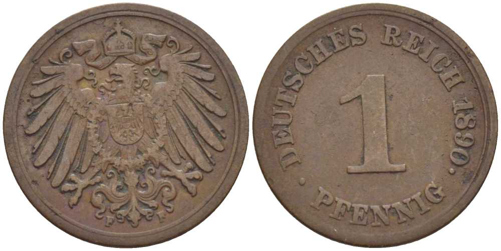 ГЕРМАНИЯ 1 ПФЕННИГ 1890 F KM 10, J. 10, Weege 2 медь 211-139