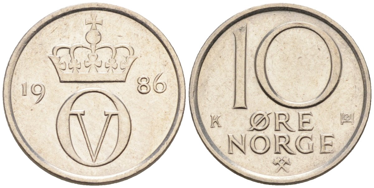 Норвегия 10 эре 1986 Улаф V (1958-1991) KM 416 медно-никель 4580-1019