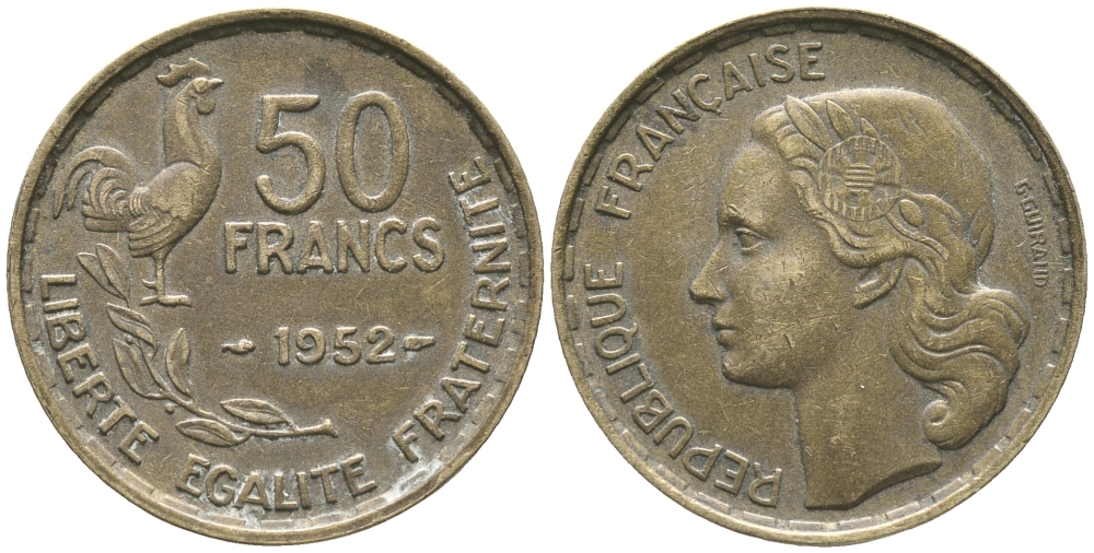 ФРАНЦИЯ 50 ФРАНКОВ 1952 KM 918.1 алюминиевая бронза 51-217
