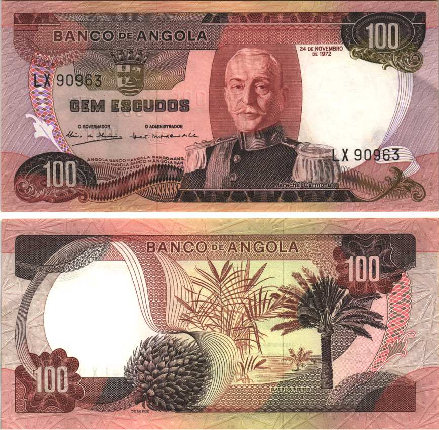 АНГОЛА 100 ЭСКУДО 1972 24 НОЯБРЯ 1972, МАРШАЛ КАРМОНА Pick 101 бумага aUNC 7116-45-3-2