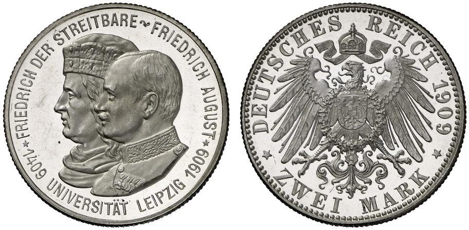 Саксония 2 марки 1909 500 летие университета Лейпцига J. 138 серебро PROOF 00-000-00