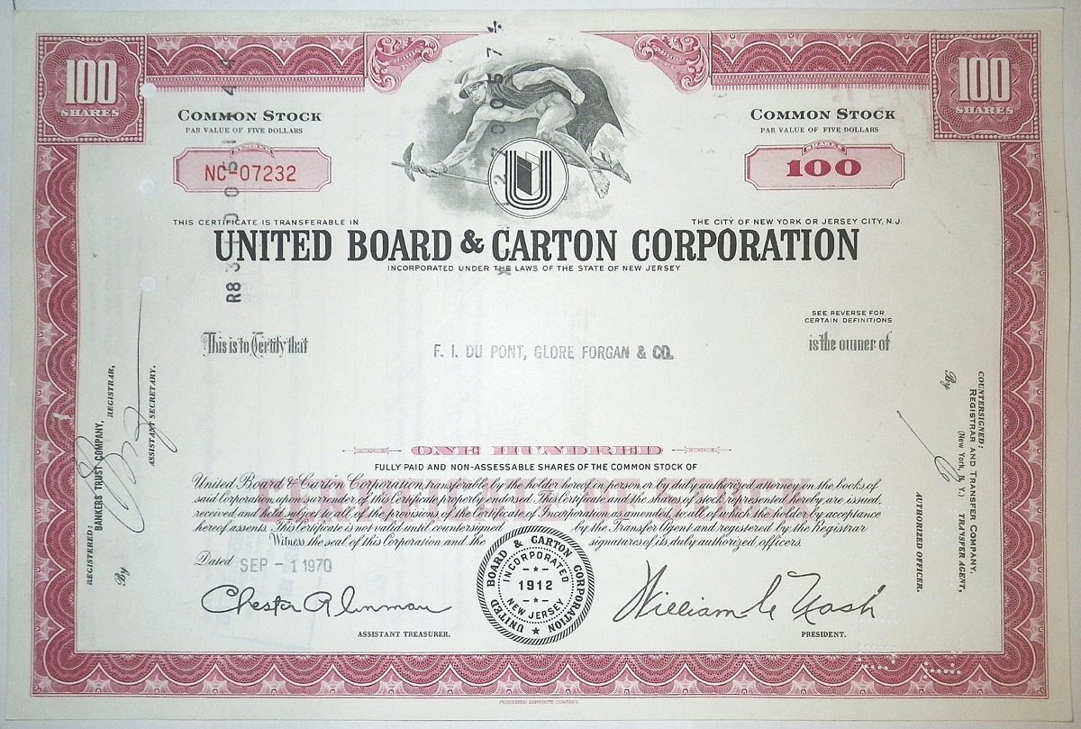 США, United Board & Carton Corporation 100 акций 1970 бумага 00-00