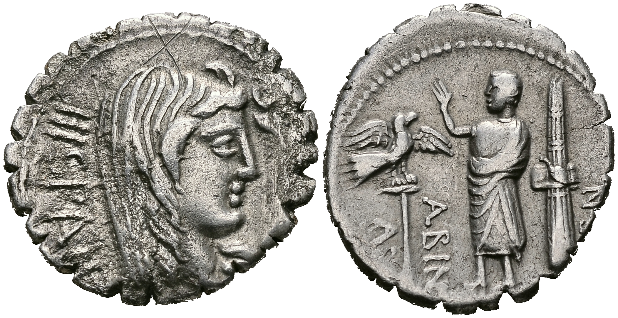 Римская Республика денарий 81 г. до н.э. монетарий А. Постум Альбин. персонификация Испании / фигура в тоге, стоящая между фасциями и аквилой GOOD VERY FINE 3,71 ГР Crawf. 372/2; Syd. 746 серебро 00-000-00