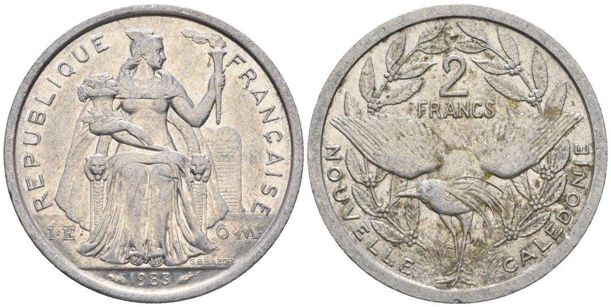 Французская Новая Каледония 2 франка 1983 птица кагу, (IEOM) KM 14, Schoen 11, Lec 63 алюминий    27-823