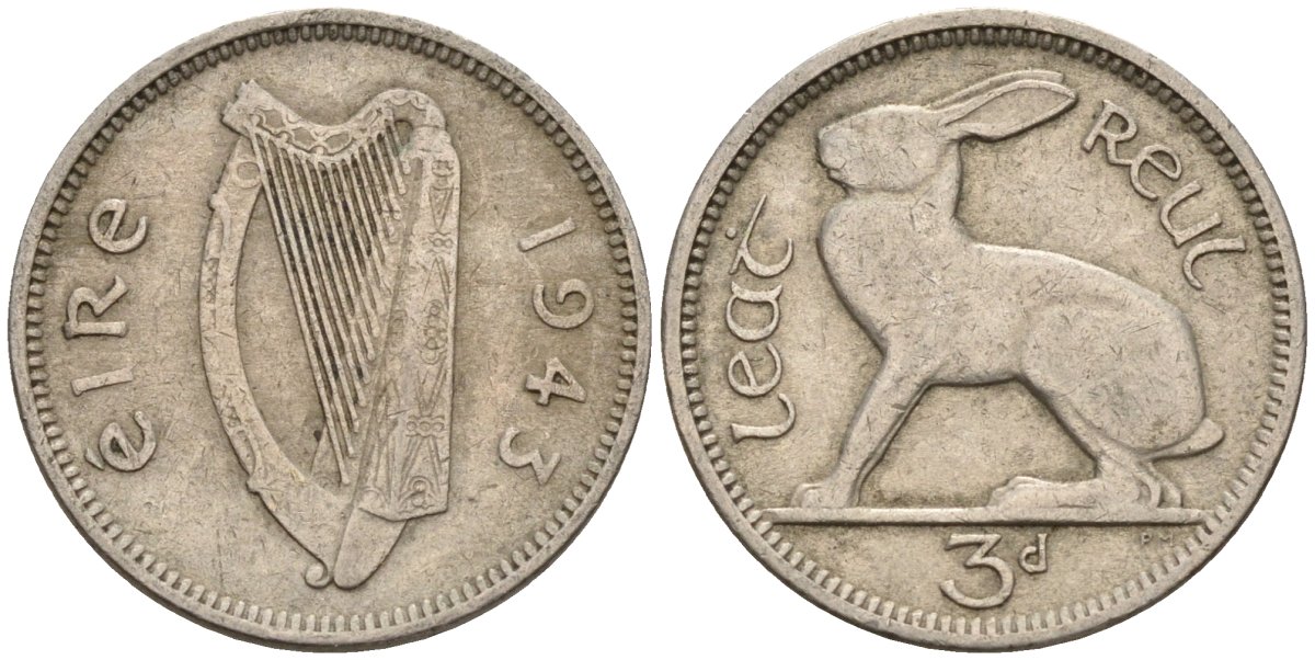 Ирландия 3 пенса 1943 заяц KM 12a медно-никель 4596-1058
