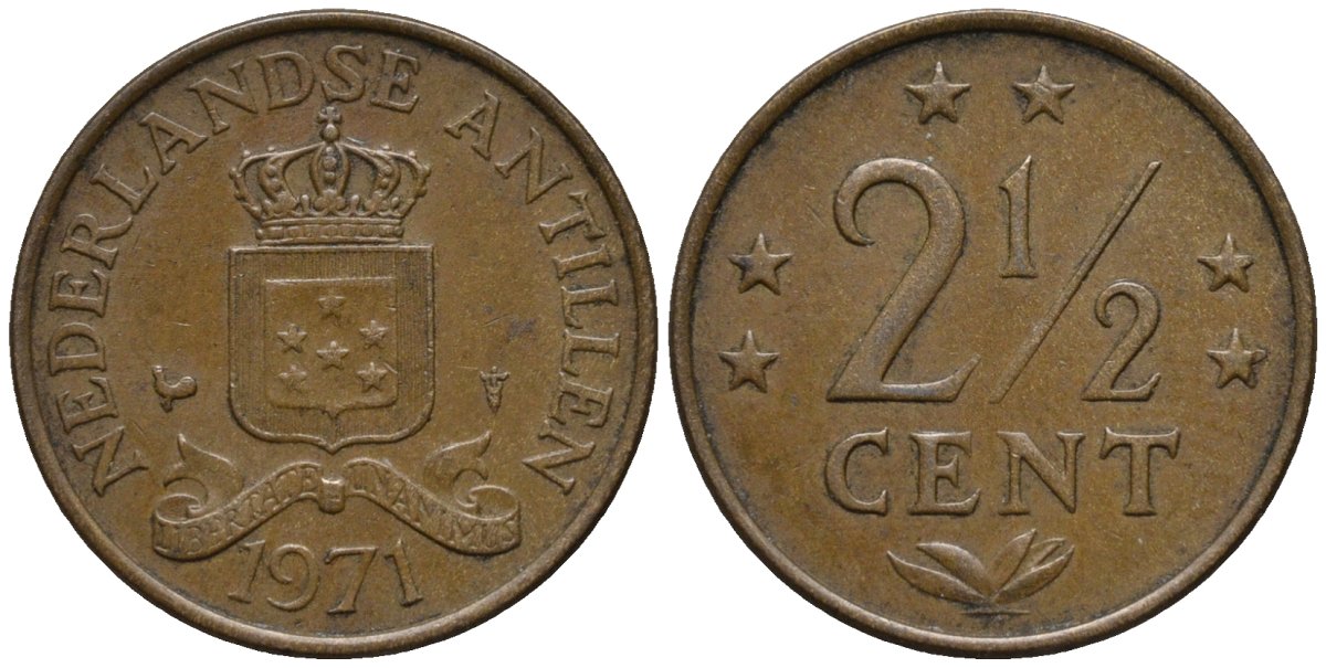 Нидерландские Антилы 2 1/2 цента 1971 Юлиана (1948-1980) KM 9 бронза 4579-917