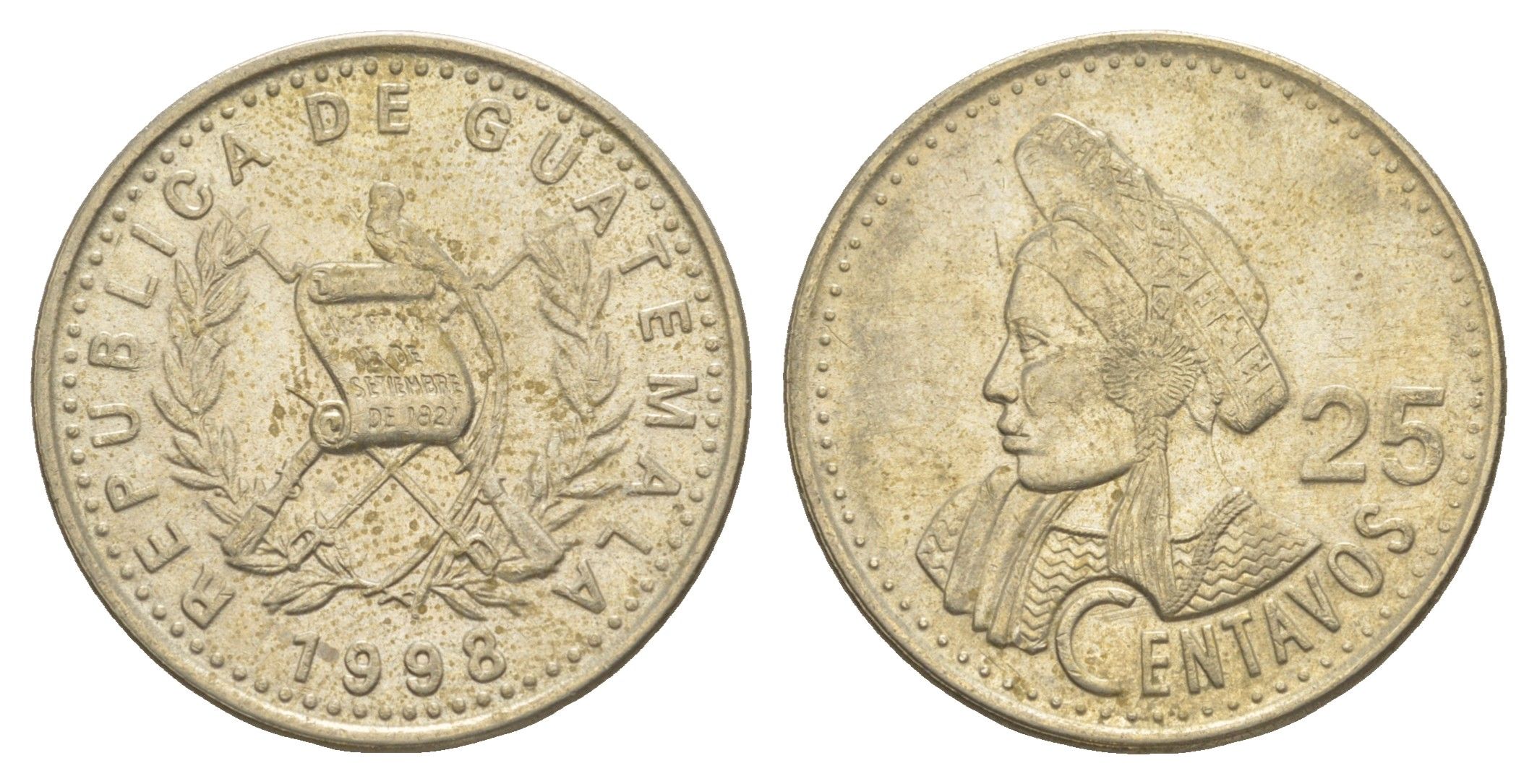 Гватемала 25 сентаво 1998 KM 278.6 медно-никель 4638-323