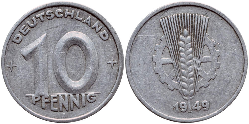ГДР 10 ПФЕННИГОВ 1949 А KM 3 алюминий 1522-213