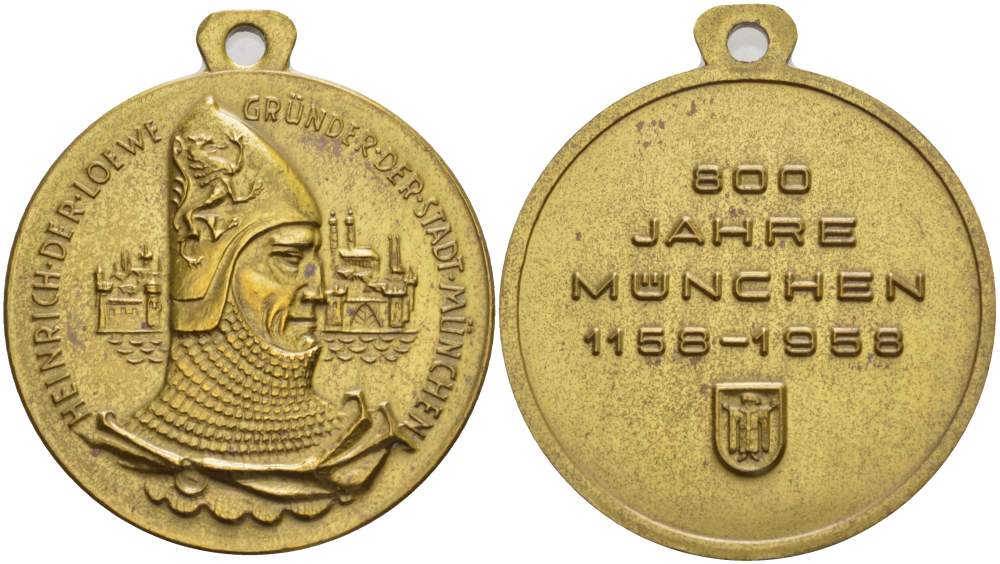 БАВАРИЯ МЕДАЛЬ 1958 800 ЛЕТ ГОРОДУ МЮНХЕНУ, ГЕНРИХ ЛЕВ, ОСНОВАТЕЛЬ МЮНХЕНА, С КОЛЬЦОМ ДЛЯ ПОДВЕСКИ, ДИАМЕТР 39 ММ. жёлтый металл 1084-9-62