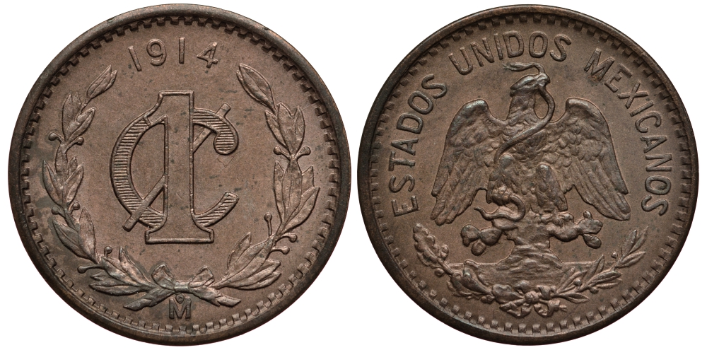 МЕКСИКА 1 СЕНТАВО 1914 ДАТА ШИРОКАЯ KM 415 бронза XF 4401-543