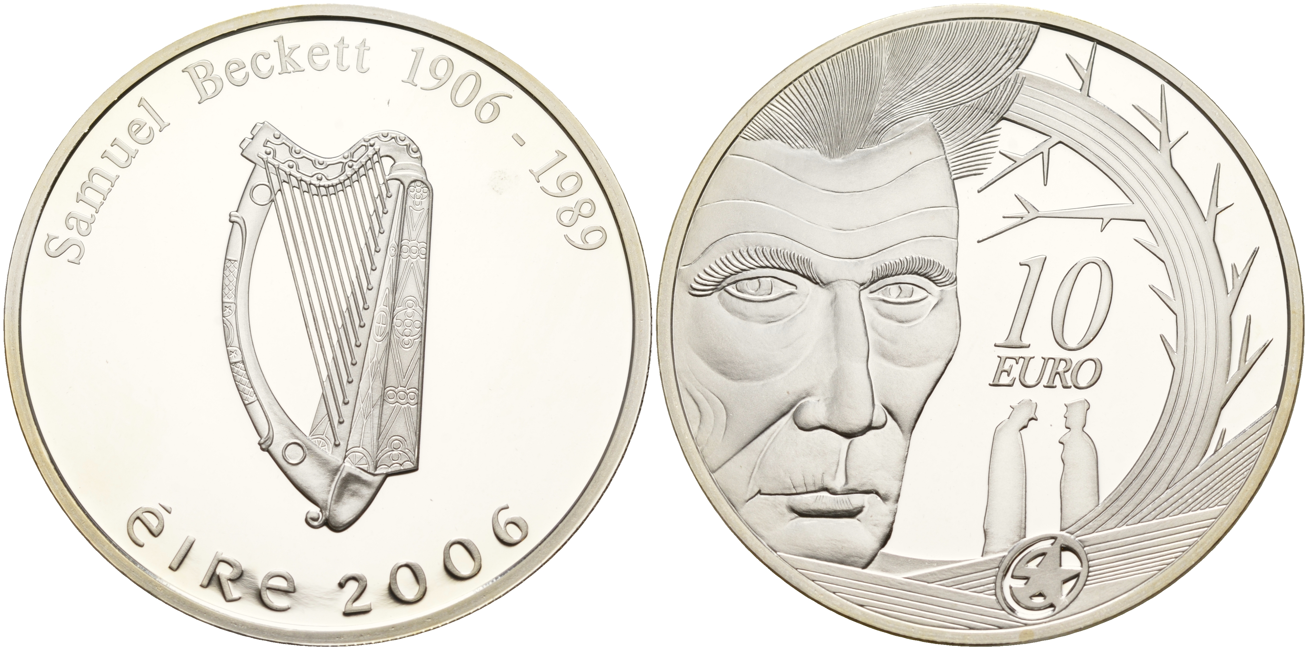 Ирландия 10 евро 2006 100 лет со дня рождения Сэмюэля Беккета, писатель, драматург, нобелевский лауреат KM 45 серебро PROOF 11-183-14